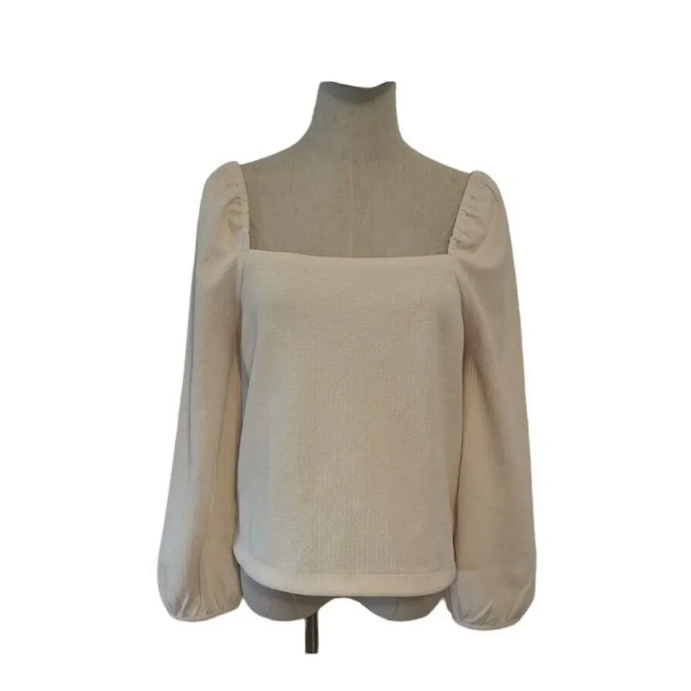 Madewell Women's 4X Plus‎ Size Crepe Square Neck Puff Sleeve Top Cream Read